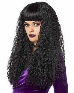 Black Crimped Wig With Bangs