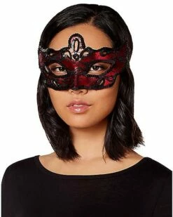 Red And Black Lace Sequin Eye Half Mask -The Haunted Closet Sales 01408558 c